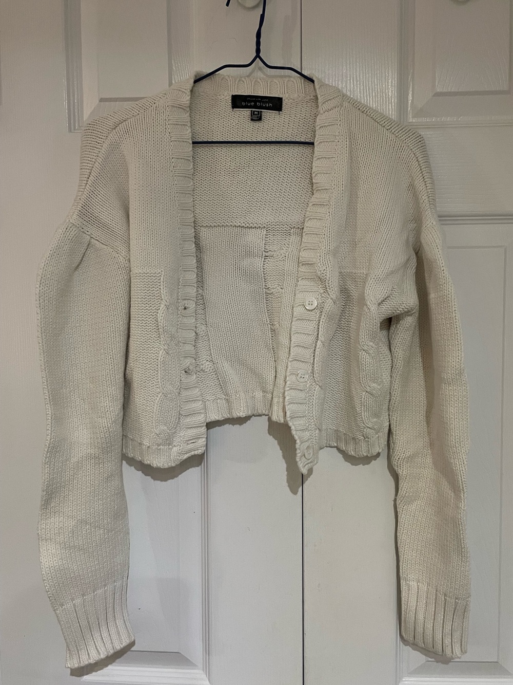 Blue Blush Cream Cropped Cable-Trim Cardigan